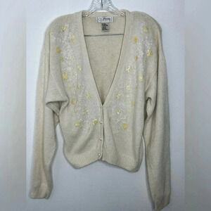 Vintage Cezanne Beige Floral Embellished Silk Wool Cardigan Sweater Sz M Grandpa